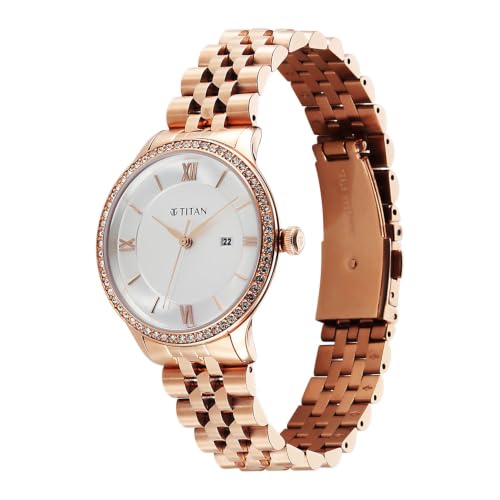 Titan Purple Prestige Quartz 3 Hands + Date Round White Dial, Rose Gold Stainless Steel Strap Watch for Women - 95247WM01