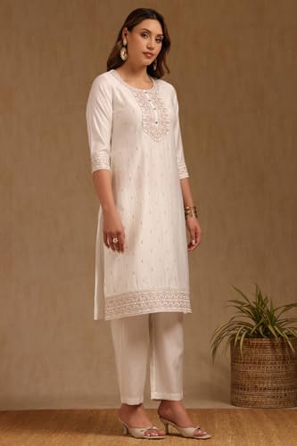 Soch Womens Off White Art Silk Embroidered Kurta Set With Sequins