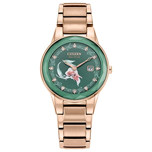 Citizen Eco-Drive Ladies' Special Edition Disney Princess Ariel "Making Waves my Way" Faceted Crystal Watch and Pin Gift Set, Gold Stainless Steel Watch, Green Dial, 30mm (Model: GA1073-63W), Rose