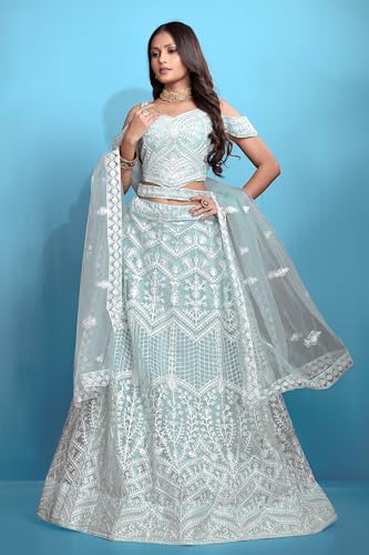 VARNI FABRICS: A lady's First Love Women’s Net Embroidered Lehenga Choli Set Elegant Ethnic Wear for Festive & Wedding Occasions (BLUE)
