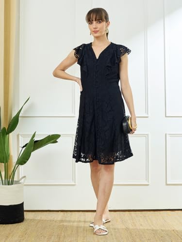 Latin Quarters Women's Black Cap Sleeves V-Neck Party Dress_M