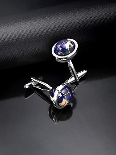 Peora Spinning Globe Earth Blue Formal Cufflinks Set Gift for Men