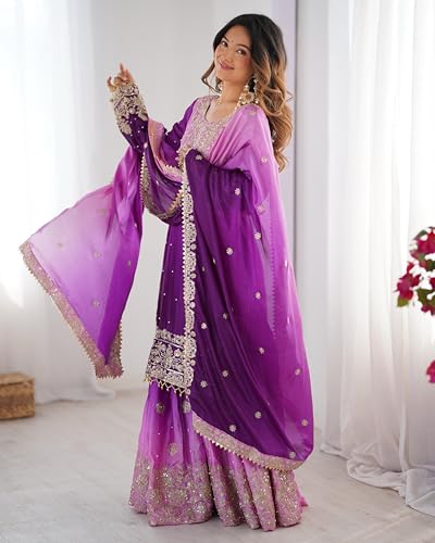 Leeli Peeri Designer Women's Chinon Silk Embroidery Light Purple Kurta Sharara Set With Dupatta(45PDM14-M)