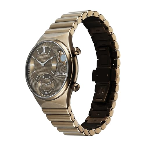 Titan Micromotors Analog with Date and Sun-Moon Sub-Dial and Khaki Dial Khaki Stainless Steel Strap Watch for Men - 90181QM01