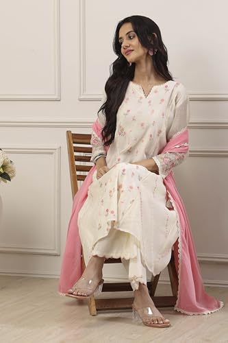 Biba Women White Poly Chanderi Kalidar Suit Set_36