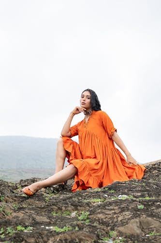 MIORAH Ethnic Dress for Women and Girls, Western Slub Cotton V Neck One-Piece for Women’s, Stylish Oversized Half Sleeve Midi Dress, Hand Embroidery with Metal Sequins (Colour- Orange, Size- 3XL)