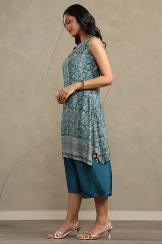 Soch Womens Teal Muslin Botanical Printed Kurta Set