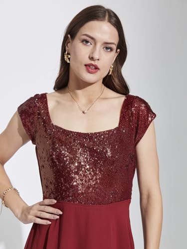 Latin Quarters Women Maroon Square Neck Cap Sleeves Solid Maxi Fit & Flare Dress XL