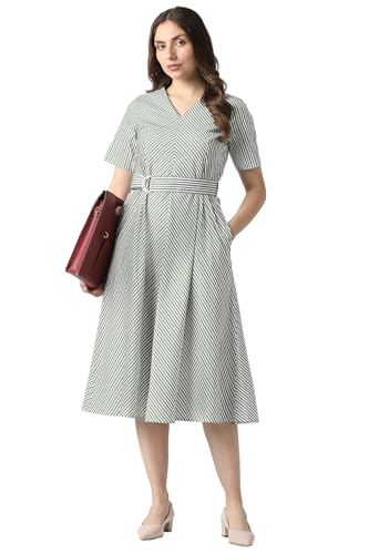 Women Green Stripe Knee Length Formal Dress