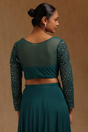 Soch Womens Teal Green Spandex Solid Ready To Wear Saree