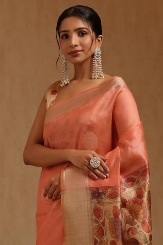 Soch Womens Peach Tussar Floral Zari Woven Saree