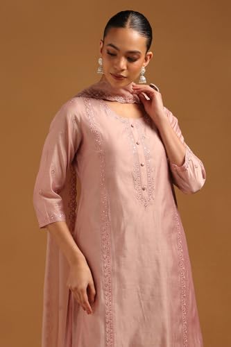 Soch Womens Blush Pink Chanderi Embroidered Suit Set With Machine Embroidery