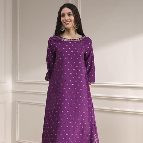 Biba Women Purple Polyseter Blend Straight Printed Kurta Set_32