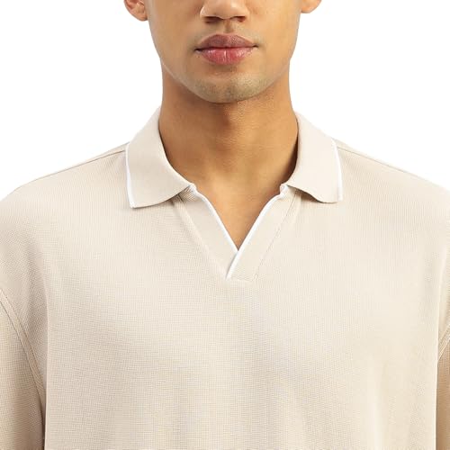 UNITED COLORS OF BENETTON Oversized Fit Johny Collar Textured T-Shirt (Size: S)-25P3S49J3941I152 Beige