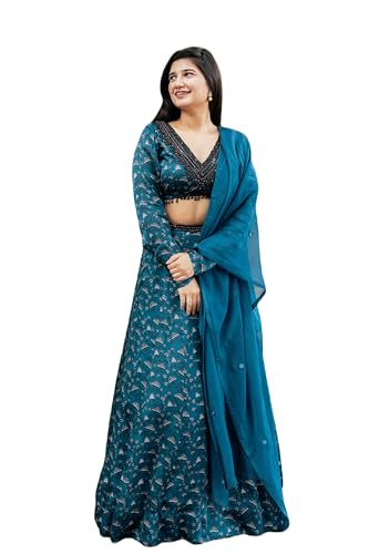 essaySumedha Agrawal Organza Satin Organza Santoon Floral Lehenga for Women (Size: XXL, Teal)