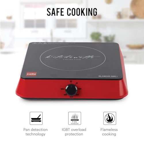 Cello Induction Cooker Blazing 600+ | 1800 Watt Induction Cooktop | 2-in-1 knob design with Grade Crystal Shiny Glass Plate | Compact and Portable | Multi-Purpose Use | Red