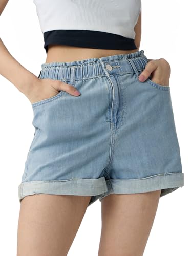 The Souled Store Denim Shorts: Stone Women and Girls Buttoned Solid Cotton Above The Knee Denim Shorts