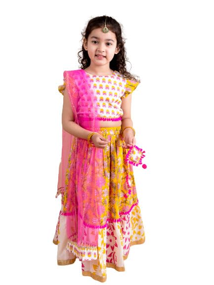 Pspeaches Girls Cotton Yellow White Printed Ready To Wear Readymade Lehenga Set Blouse With Dupatta (Yellow-7-8Y), 7-8 Years