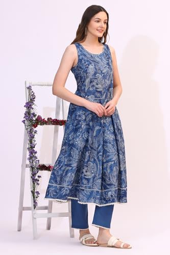 W for Woman Ink Blue Floral Printed Sleeveless Pure Cotton Anarkali Kurta, Pants and Dupatta Set (Size:3XL)-WS11579