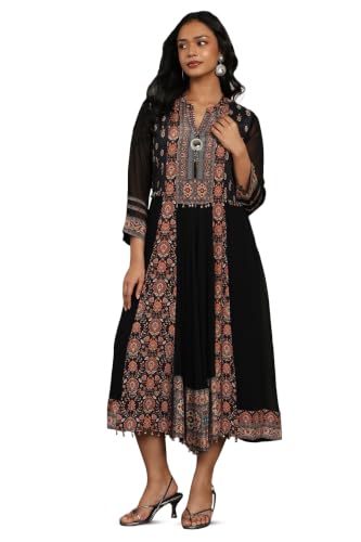Soch Womens Black Georgette Botanical Printed Dress with Beads and Stones