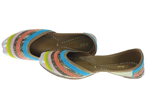 Fulkari Women's Salvia Gold Multicolor Soft Leather Embroidered Jutis | Bite and Pinch Free Jutti | Punjabi Formal Juttis | Girl's Wedding Flat Ladies Mojari | Formal Ethnic Juti | 41