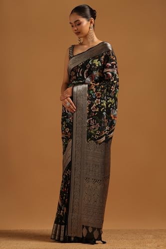 Soch Womens Black Silk Blend Botanical Saree With Zari Woven