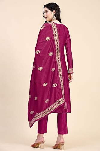 TRENDMALLS Women's Vichitra Silk Embroidery Salwar Suit Set Kurta Pant with Dupatta (G142-Pink-XL)