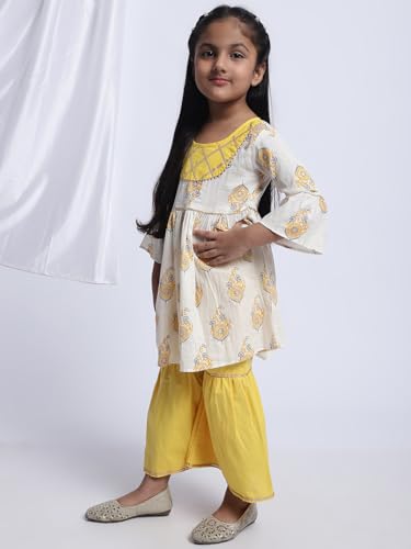 superminis Baby Girls Cotton Sanganeri Printed Kurti with Colorful Sharara Co-ord Set Dress (18-24 Months, Yellow)
