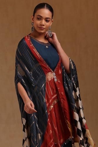 Soch Womens Blue Brocade With Zari Woven Kaftan Suit With Stones And With Sequins