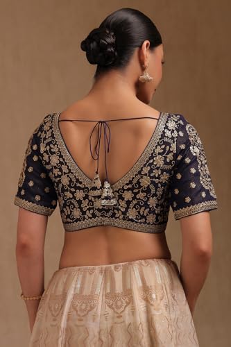 Soch Womens Navy Blue Georgette Embroidered Padded Blouse with Zari