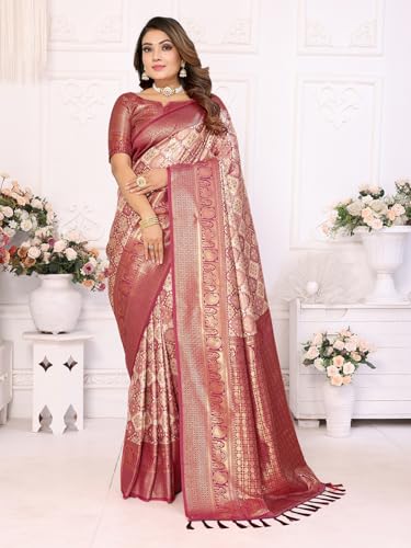 Panzora Women's Beige Banarasi Silk Zari Woven Saree With Unstitched Blouse Piece