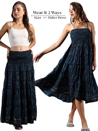 KE KANHA EXPORTs Convertible Skirt Dress for Women|Summer Skirt Dress Beach Wear|Boho Border Print Flared Design|Multicolor|Easily fits S-M-L|Bust 24-48 Inches Length 38 Inches|Boho Beach