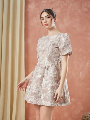 Latin Quarters Women's Beige Half Sleeves Round Neck Evening Dress_M