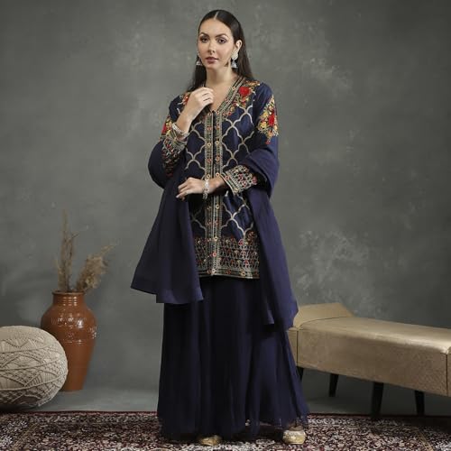 BIBA Women's Silk Chanderi Kurta Sets (CKD10746AW24BLU_Blue