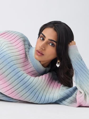 The Souled Store Blushwood Women and Girls Full Sleeves Round Neck Light Blue Pink Pastel Tie Dye Acrylic Polyester Ribbed Knit Casual Winter Oversized Pullovers