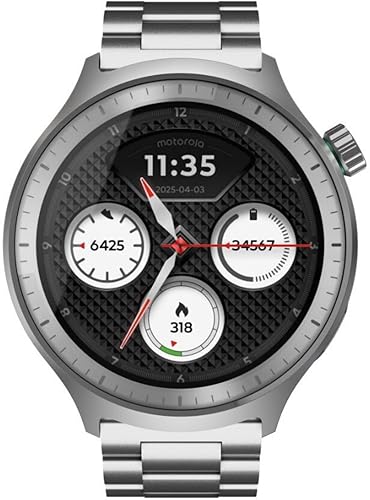 Motorola Moto Watch, 1.4 OLED, AOD, Auto-Brightness, Dual Band GPS, Powered by Polar Smartwatch (Matte Silver/Matte Silver Band Strap, Free Size)