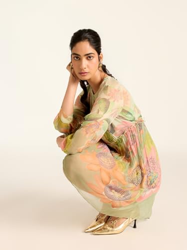 Label RITU KUMAR Green Miley Full Sleeves Printed Short Dress