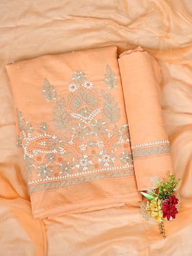 Ada Hand Embroidered Lucknowi Chikankari Unstitched Cotton Dress Material Suit Piece with Dupatta for Women 01A886787 Peach