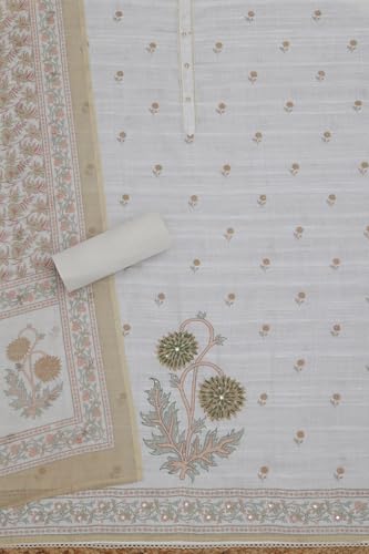 Soch Womens Off White Linen Blend Floral Print Unstitched Dress Material With Beads