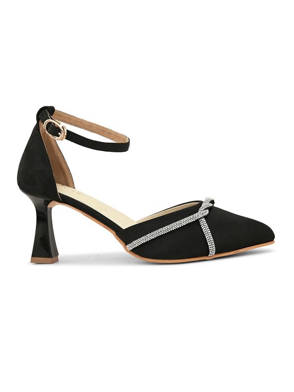 XE Looks Black Women's Fashion Sandals | Faux Leather Attractive and Trendy Block Heel | or Wedding Occasion Heel Height 3inch| For Women & Girls