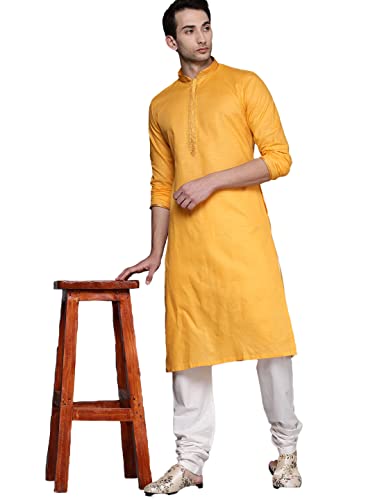 Manyavar Plain Knee Long Kurta and Churidar Set for Men - (Yellow, Large)