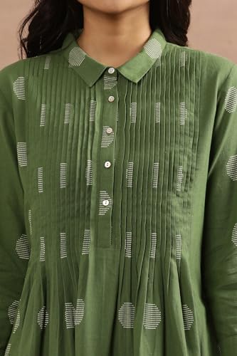 W for Woman W Women Green Polka Print Cotton Flax Flarred Dress_24FEW11081-313885_S