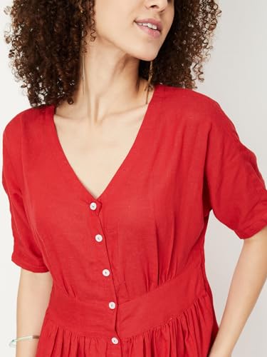 Max Women Solid V-Neck Fit and Flare Dress (WDRS33007RUBY)_XS, Below The Knee