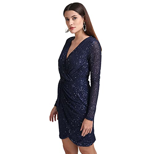 Kazo Abstract Cotton Blend V Neck Women's Maxi Dress (Navy Blue, Small)