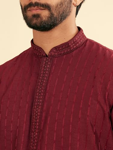 Manyavar Men's Art Silk Embroidered Placket Solid Kurta Set (Maroon,L)