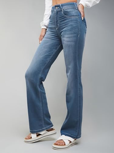 Miss Chase Women's Mom Fit High Rise Hand Painted Heavy Wash Stretchable Denim Jeans (MCSS18DEN02-19-386-28, Pastel Blue, 28)