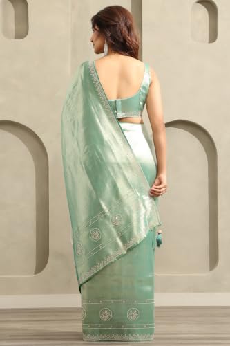 Soch Womens Teal Tissue Ethnic Motifs Woven Design Saree With Stone Work