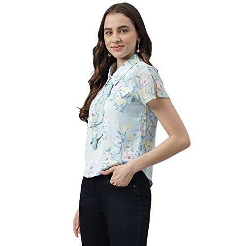 Latin Quarters Women Blue Floral Printed Cap Sleeves Shirt Top with Tie Up Neck