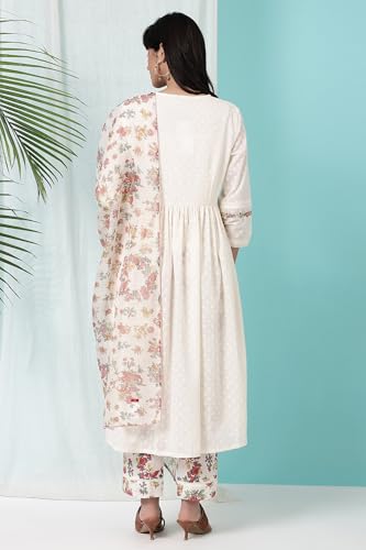 W for Woman White Floral Printed Textured Cotton Gathered Kurta, Pants and Dupatta Set (Size: 2XL)-WS11620-222350