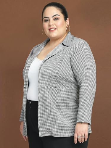 wild U Women Plus Size Blazer | Stretchable | Hip Length | Easy Wash | Western Stylish - White Black - 3XL